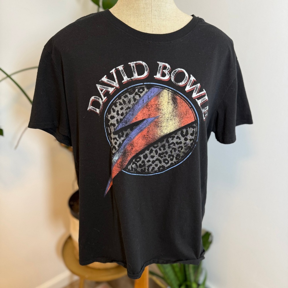 David Bowie Graphic T-Shirt L Black Lightning Bolt Leopard Print Rock